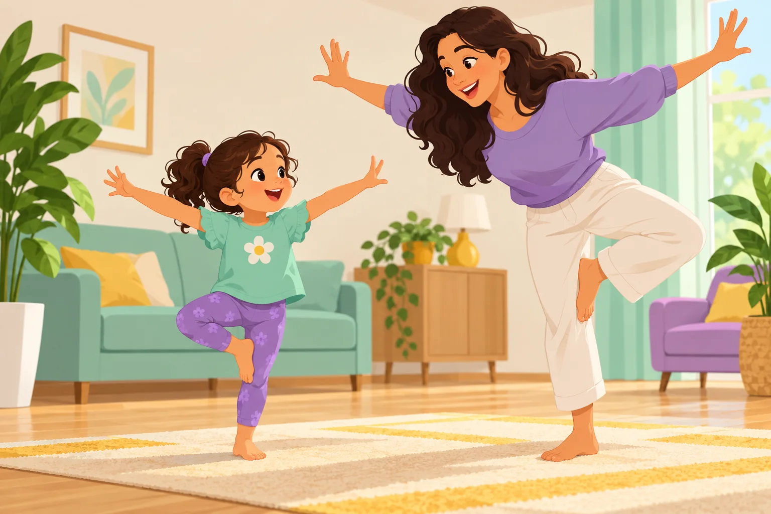 کودک با تقلید حرکت مادر، فرمان کوتاه انگلیسی را در بازی حرکتی دنبال می‌کند.