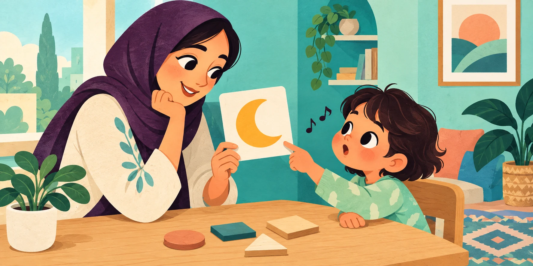 مادر و کودک با کارت تصویر ماه صدای آغاز واژهٔ انگلیسی را تمرین میکنند