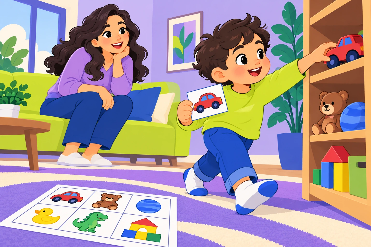 کودک تصویر روی برگه را با یک اسباببازی واقعی در قفسه تطبیق میدهد